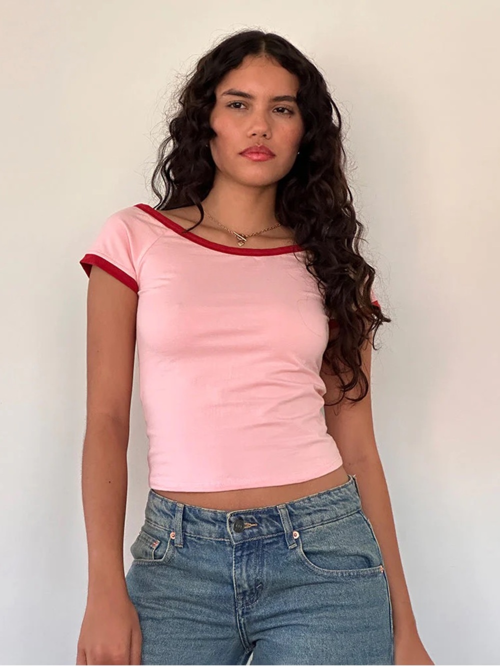 Motel Rocks Bitha Ballet Pink Off The Shoulder Cropped Tee Red Binding